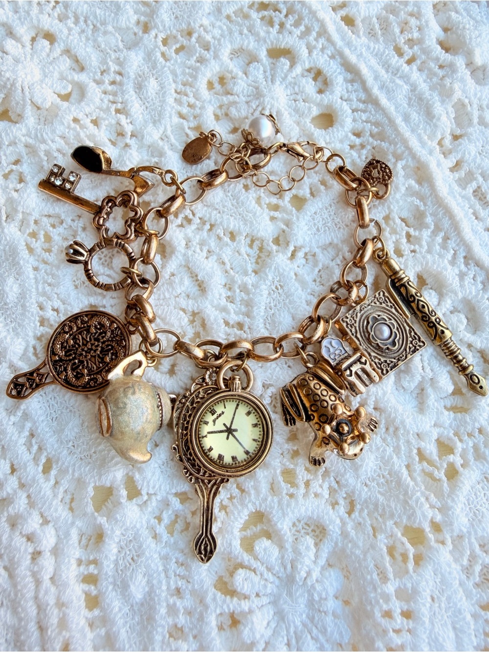 Gold Charm Bracelet with Watch and Tea Set Charms - Picture 1 of 6